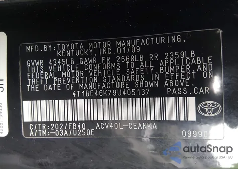 2009 Toyota Camry from USA, damaged, VIN 4T1BE46K79U405137